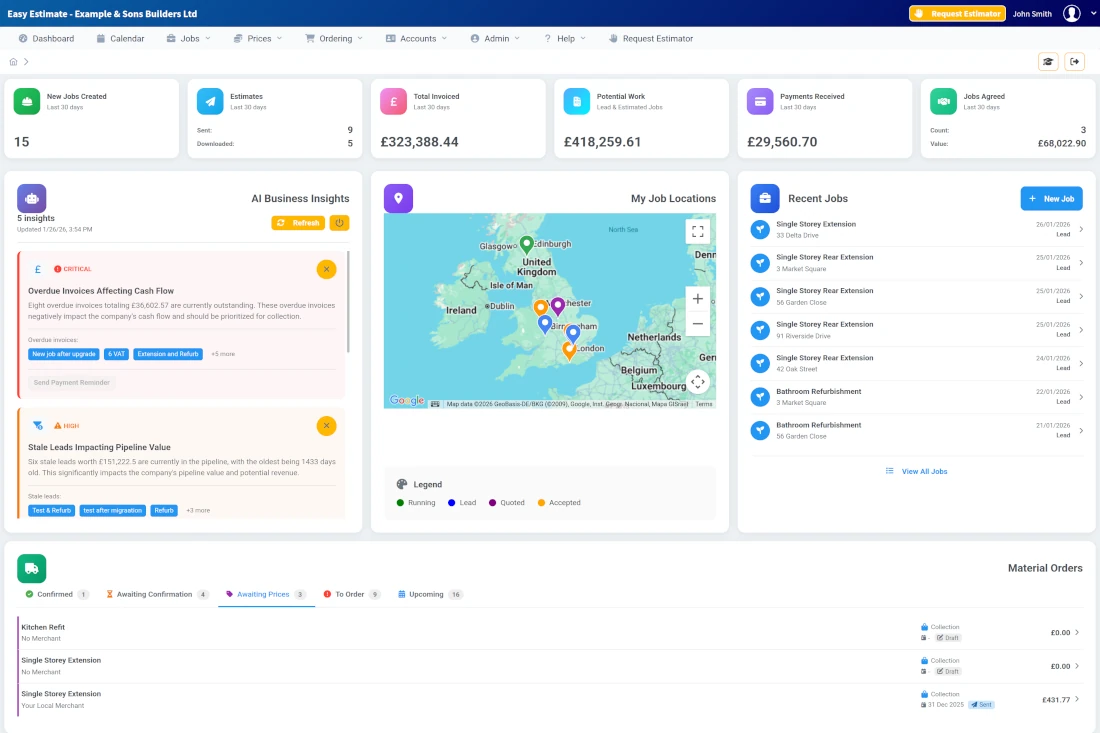 EasyEstimate construction estimating software dashboard